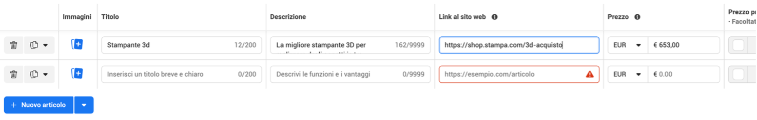 Campi per catalogo Meta