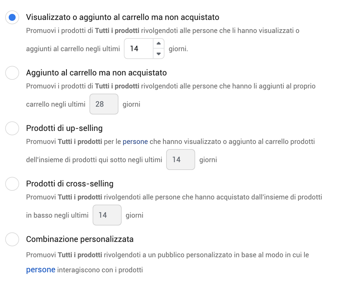 Eventi retargeting DPA Meta