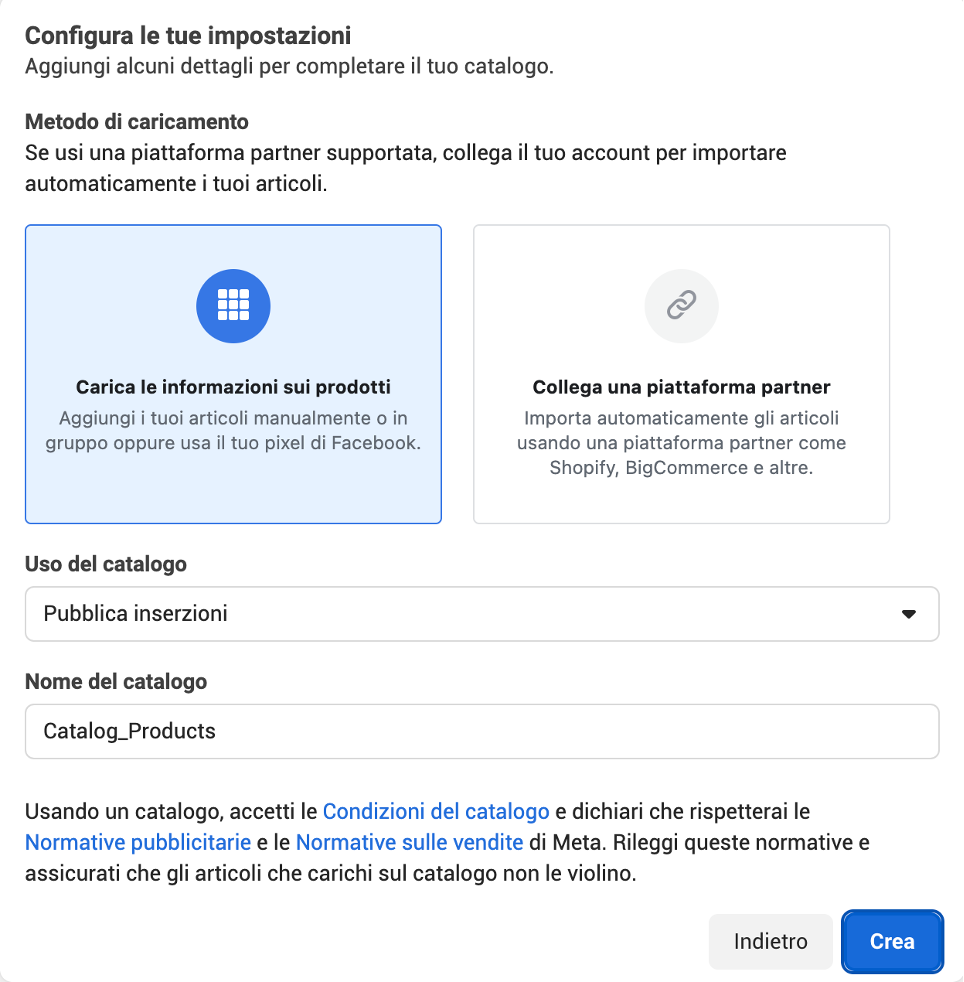 Impostazioni catalogo Meta